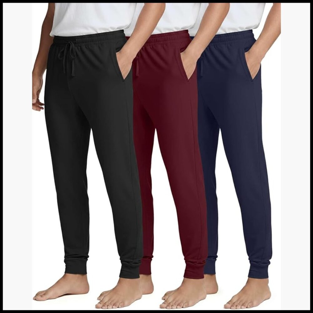Men's Soft Lounge Sleep Joggers with Drawstring & Pockets - 3 Pack